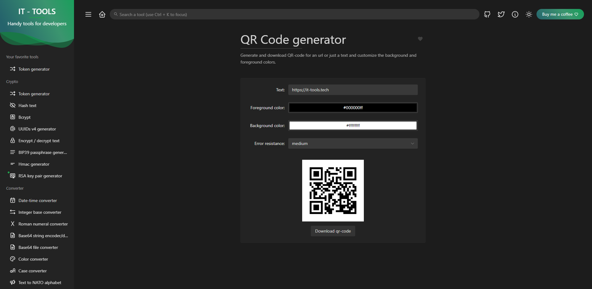 Screenshot von dem QR-Code Generator